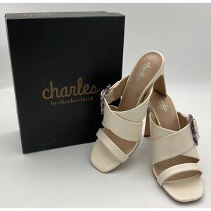 Charles David Gleam Slide Off White Heeled Sandal Colorful Buckle 9.5M NWT